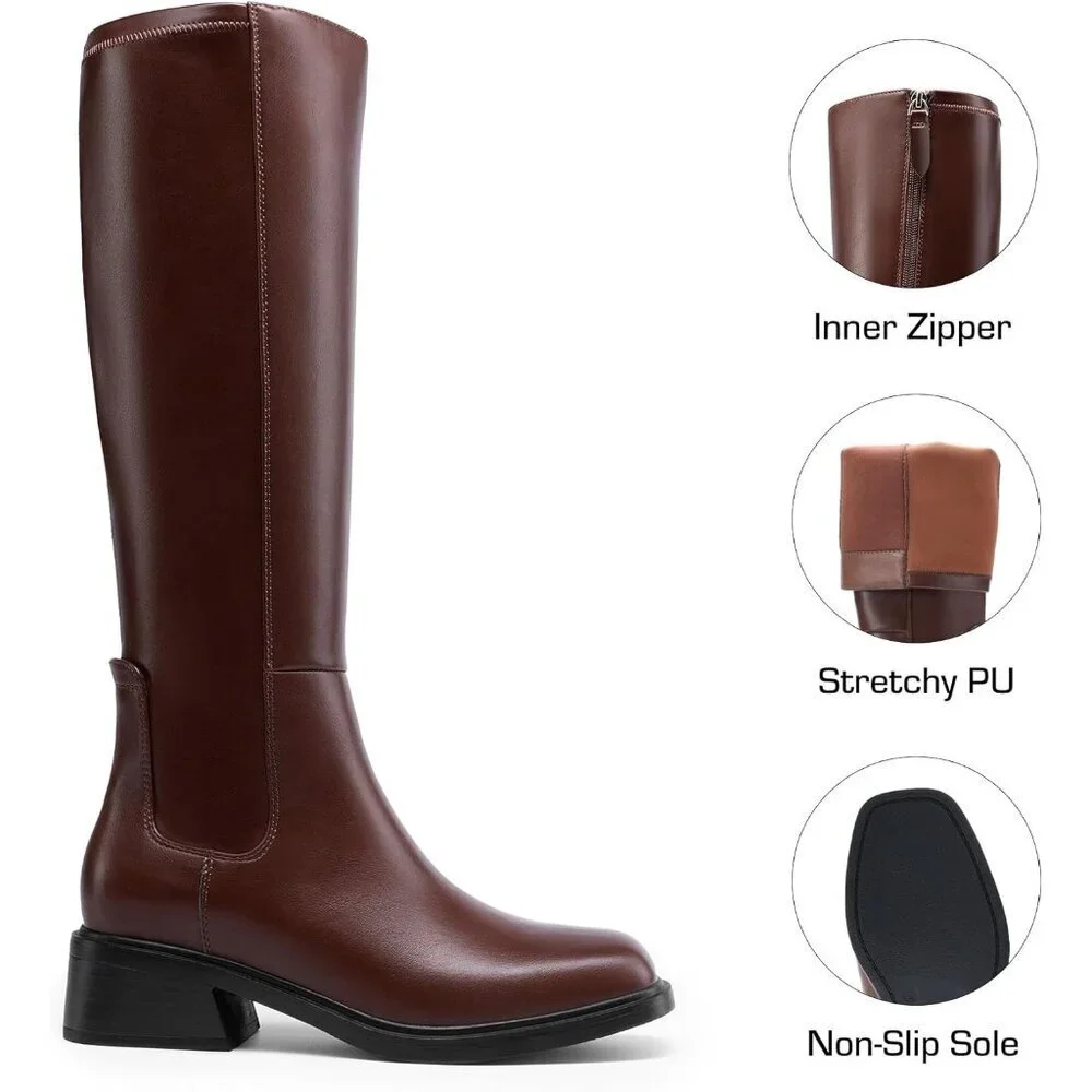 Women's Brown Block Heel Casual Long Knee High Boots Side Zipper Faux Leather